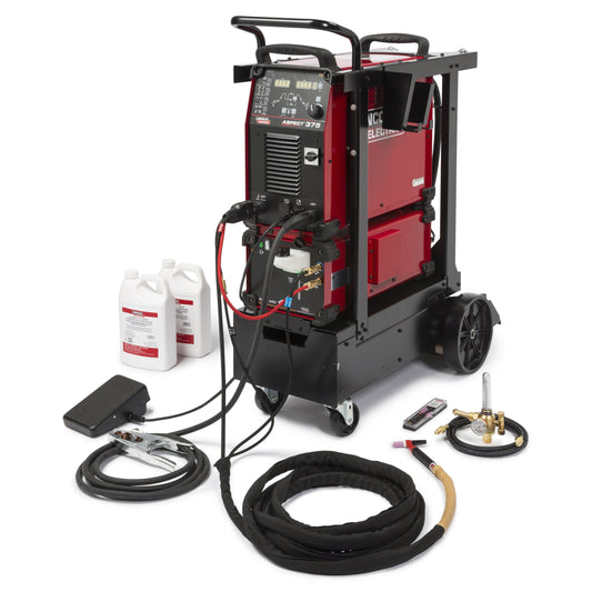 Baker's Gas Aspect 375 Ready-Pak includes a Cool Arc 47, Low Conductivity Coolant, regulator, wired foot amptrol, cart and TIG Torch Parts Kit.