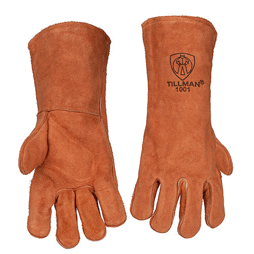 Russet Brown Split Cowhide Stick Gloves, front and back.