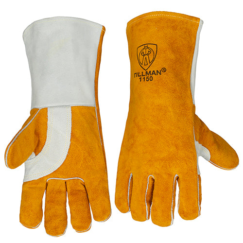 Pair of Tillman 1150 brown cowhide welding gloves, front and back.