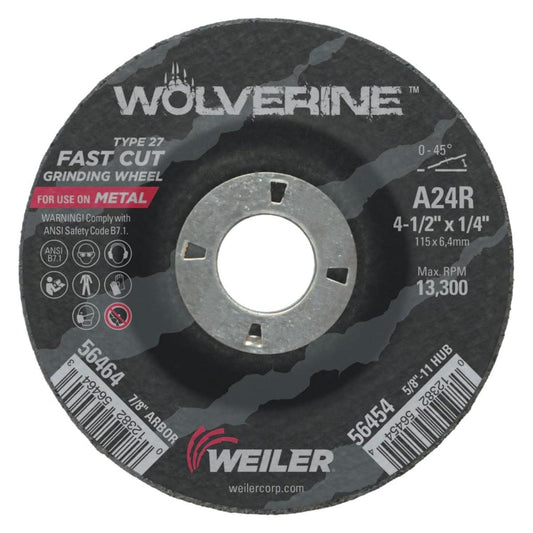 Weiler Wolverine Grinding Wheel, 4.5" x 1/4" x 7/8", Type 27 -box of 10 - 56464