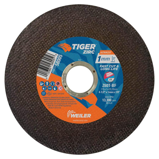 Weiler Tiger Zirconia Ultracut Thin Cutting Wheel, 7/8" Arbor, 50/pk