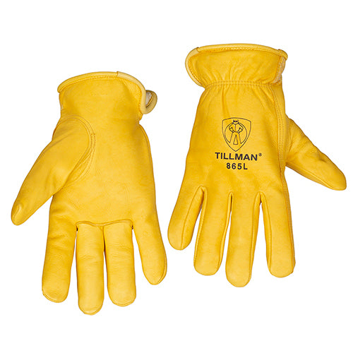 Pair of gold Tillman 865 gloves, front and back.