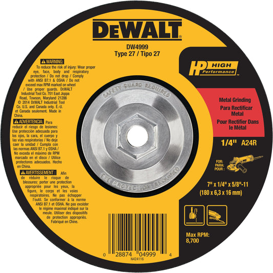 Dewalt HP Metal Type 27 Grinding Wheels, 7" x 1/4" x 5/8-11", 10/pk - DW4999