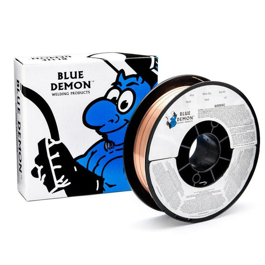 11 lb spool of bronze colored mild steel mig wire sits in front of a white box with a blue demon logo on it. 