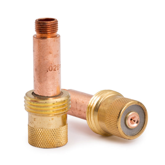 Baker's Gas Lincoln Caliber Gas Lens for 17/18/26 TIG Torches standing up and laying down. Part number KP4754-020.