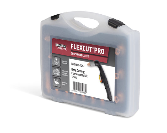 Plastic case containing Lincoln FlexCut® PRO Drag Cutting Kit, 125A - KP5829-125 with visible consumable components inside