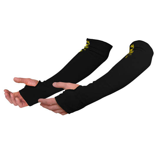Black Stallion DuPont Kevlar Knit A3 Cut Resistant Sleeves w/ Thumb Slot shown worn on both arms in black color