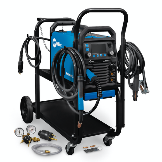 Miller Multimatic 215 with cart and cylinder rack 