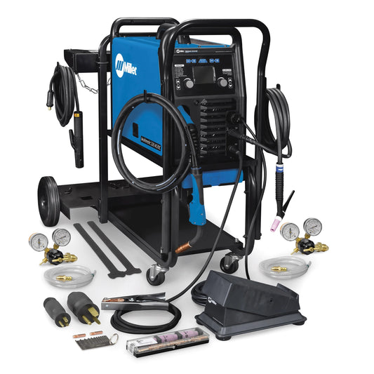Miller Multimatic 220 AC/DC Multiprocess Welder w/ Cart - 951000070 with hoses, cables, and welding accessories set up on white background