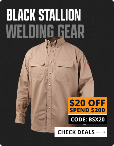 Beige welding jacket with Black Stallion branding on a black background