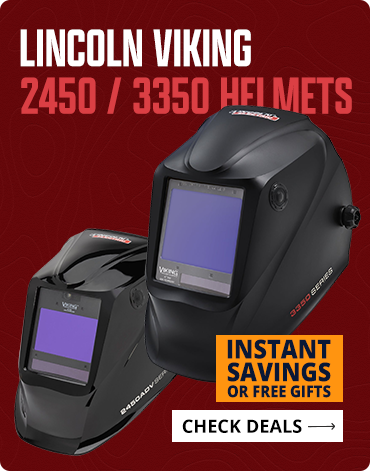 Lincoln Viking welding helmets on a red background with promotional text.
