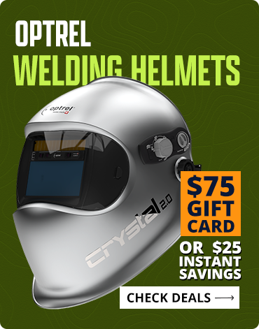 Optrel welding helmet with promotional text on a green background