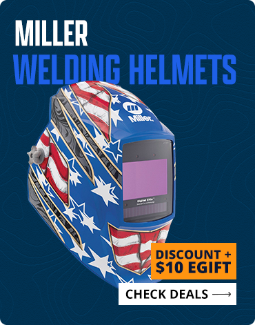 Miller welding helmet with American flag design on a blue background, featuring a discount offer.