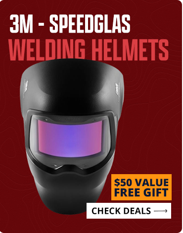 Black welding helmet with a purple filter on a red background, featuring 3M Speedglas branding.
