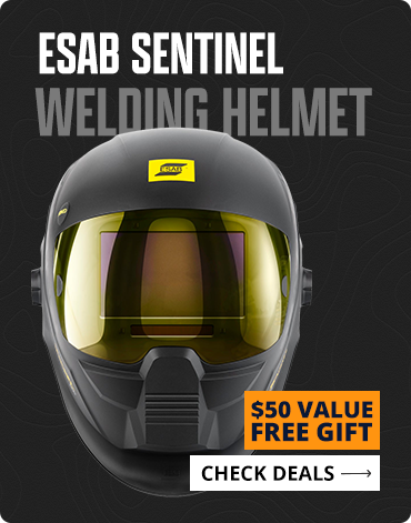 Esab Sentinel welding helmet with a yellow label on a black background