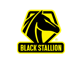 Black Stallion logo with a horse silhouette on a white background