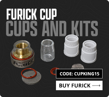 Furick cup components on a black background with promotional text.