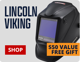 Lincoln Viking welding helmet with a $50 value free gift offer on a white background.