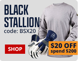 Person wearing a gray long-sleeve shirt with gloves, promotional text for Black Stallion products.