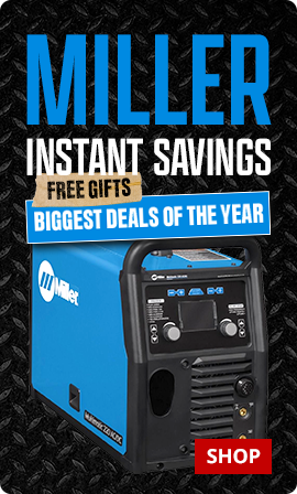 Promotional image of a Miller welding machine with text about instant savings and free gifts.