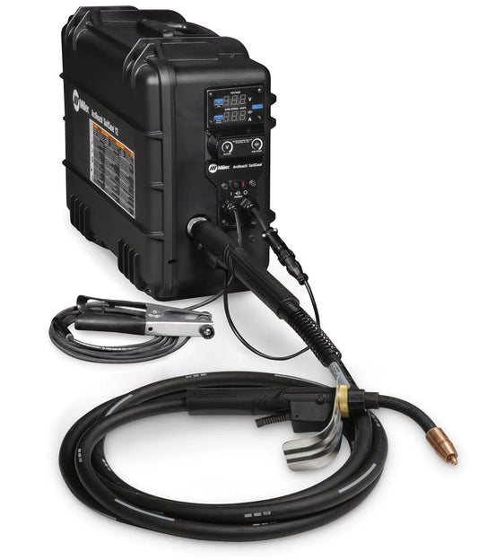 Miller Suitcase 12 ArcReach Wire Feeder Dura-Flux Gun- 951731 with cable, control panel, and welding clamp shown on white background