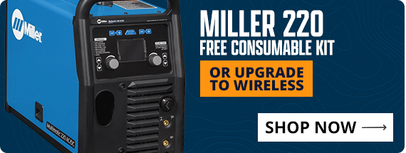 Welder machine with Miller branding and promotional text for free consumable kit or wireless upgrade.