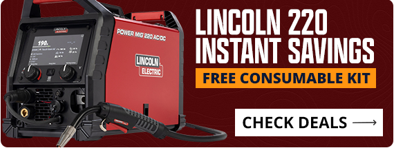 Red Lincoln electric welding machine with promotional text on a dark red background