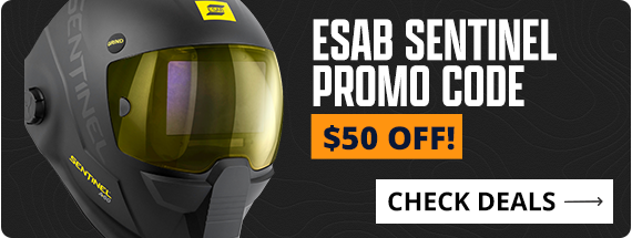 Esab Sentinel helmet with promotional text for a $50 off deal.