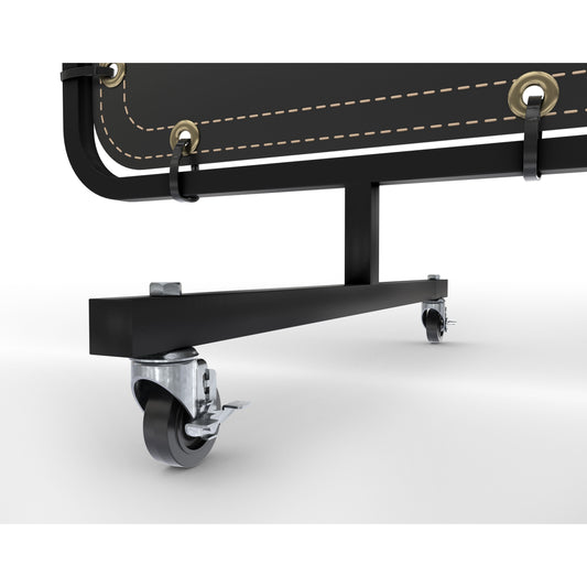Two caster wheels are attached to the base of the Lincoln welding screen frame.