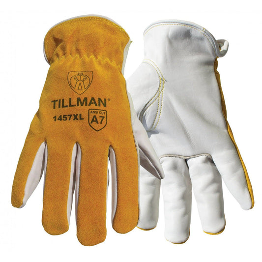 Pair of Tillman 1447XL cut resistant gloves. The back is bourbon brown cowhide and the palms are pearl white leather.Tillman Top Grain Cowhide Drivers Gloves Cut Resistant