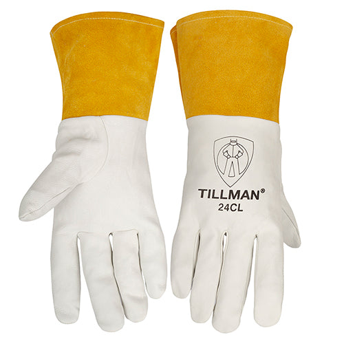 Pair of Tillman 24C white leather TIG gloves with brown cowhide cuff.