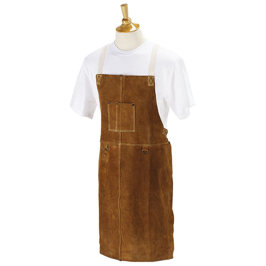 Black Stallion brown cowhide welding apron on display over a white t-shirt.