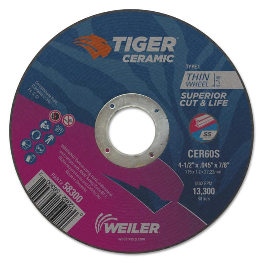 Weiler Tiger Ceramic Alumina Cutting Wheels, 7/8" Arbor, 10/pk