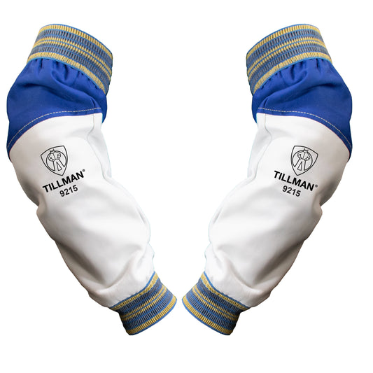 Pair of white goatskin leather and royal blue accent Tillman 9215 welding sleeves