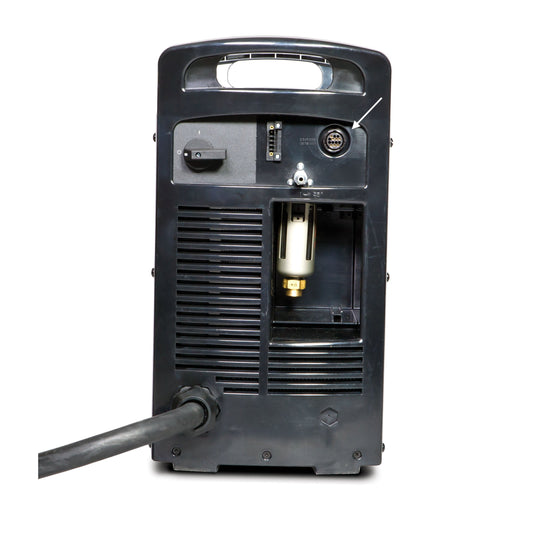Black plastic cover on the back of a Hypertherm Powermax plasma cutter with a white arrow pointing towards the circular CPC port
