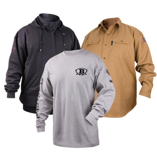 Baker's FR Best Sellers! Black FR sweatshirt, gray FR shirt and khaki FR button work shirt 