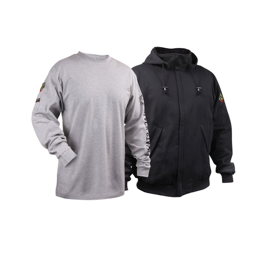 Black Stallion FR Layer Up Bundle featuring a gray long sleeve shirt and black hooded jacket with protective flame-resistant fabric