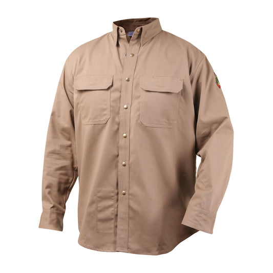 Button up Black Stallion Khaki color flame resistant work shirt. 