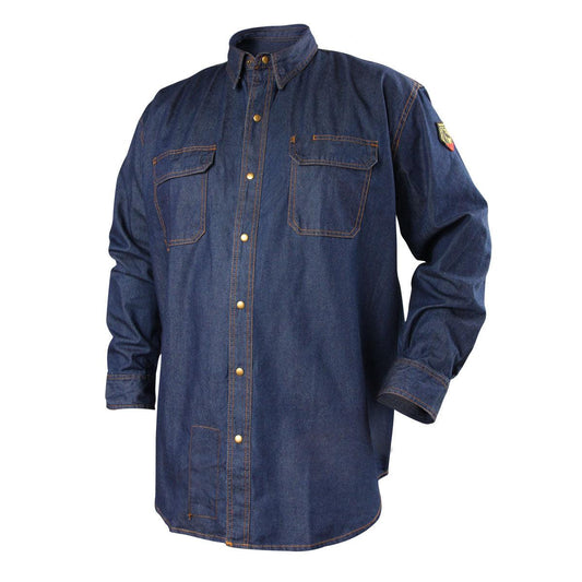 Front view of Black Stallion FR denim work shirt with snap buttons down the front.