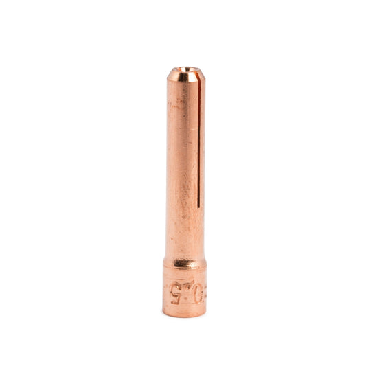 Slotted copper TIG torch collet standing straight up. Part number KP4749-020